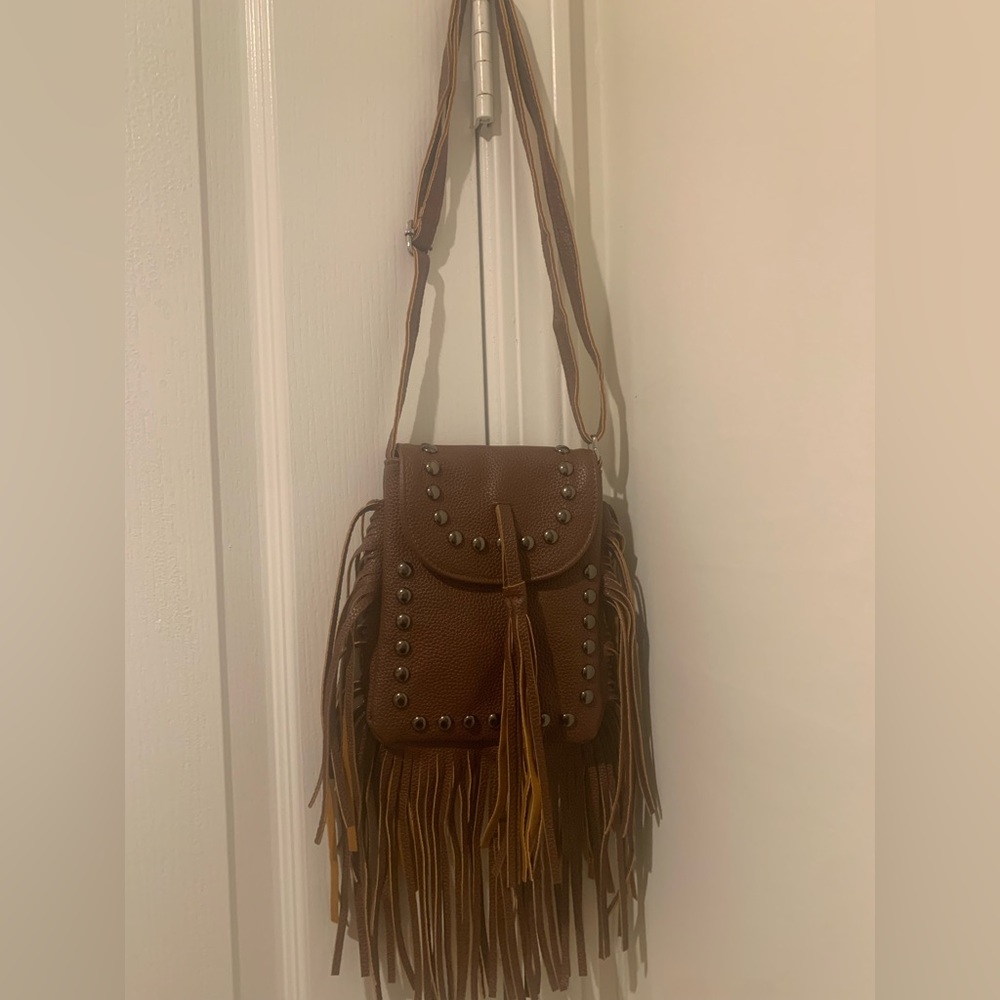 Steampunk Beige Vegan Leather Golden Bronze Stud Tassel Detail Crossbody Bag NEW